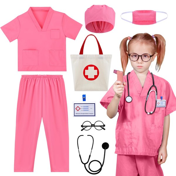 Doctor Costume for Kids, 8 PCs Doctor Scrubs Set, Pretend Play Playset, Doctor Dress Up for Halloween, Career Day, 3-4 Years Pink