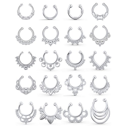SCERRING Fake Septum Nose Hoop Rings Clear CZ Faux Non Pierced Clicker Hanger Nose Septum Ring Clip On Body Piercing Jewelry 20PCS Silver