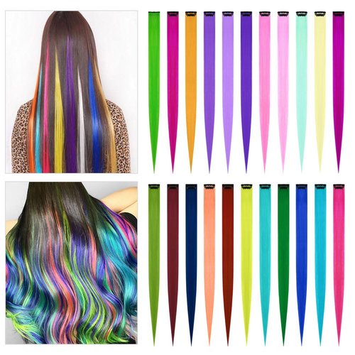 AOMIG 22PCS Colored Hair Extensions, Clip in Hair Extensions Rainbow High Hair Accessories for Girls Women 20 inches Colorful Long Straight Hair Rainbow Hairpieces Hair Extensions Party Decoration
