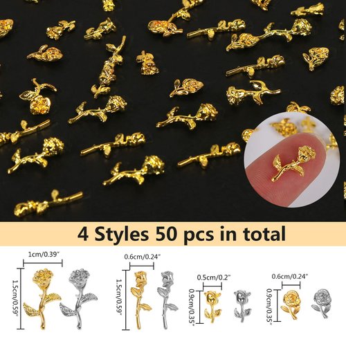 UHOMENY 50PCS 3D Gold Silver Rose Nail Charms, Flower Rose Golden Metallic Mini Alloy Nail Art Decals DIY Nail Accessories Studs for Women Girls Salon Nail Manicure Craft Jewelry Making with Box