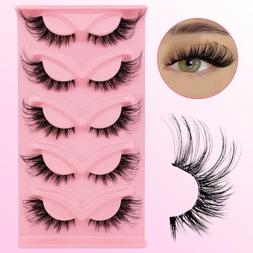 Fox Eye Lashes with Clear Band, Flu-ffy 22mm Long Cat-Eye Lashes Wispy Eyelashes that Look Like Extensions Faux Mink False Eyelashes Natural Look 7 Pairs pack(Clear-SN001)