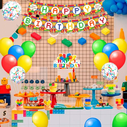 Block Party Decorations, 53 Pcs Building Blocks Birthday Decorations Set, Building Block Birthday Balloons Building Block Banner Cake Topper etc Colorful Building Block Birthday Party Supplies