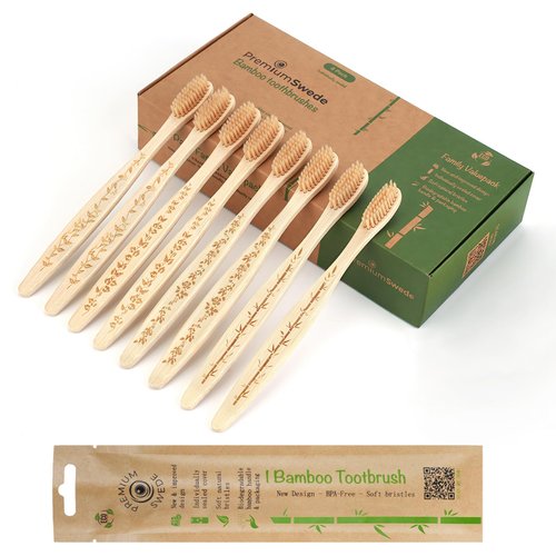 Premiumswede Bamboo Toothbrushes Soft Bristles Adult - 8 Pack Eco-Friendly Bamboo Toothbrushes Individually Wrapped - Sealed Soft Bristle Toothbrush - Biodegradable Natural Wooden Toothbrushes