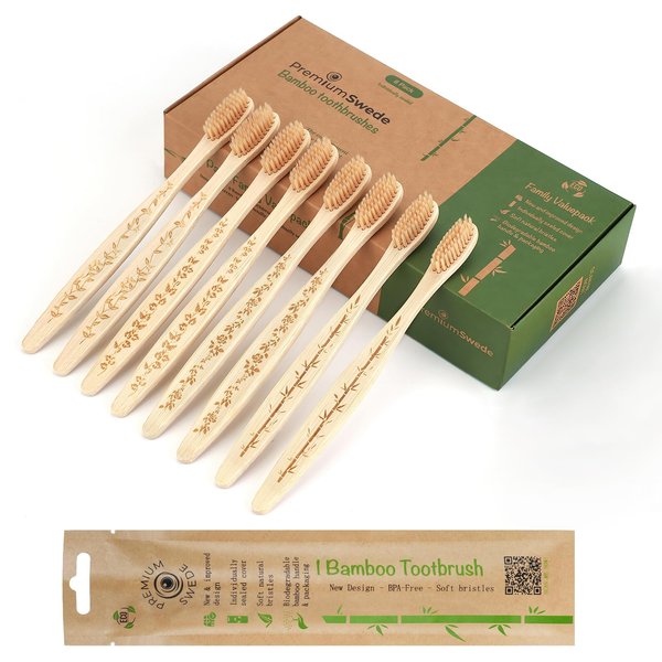 Premiumswede Bamboo Toothbrushes Soft Bristles Adult - 8 Pack Eco-Friendly Bamboo Toothbrushes Individually Wrapped - Sealed Soft Bristle Toothbrush - Biodegradable Natural Wooden Toothbrushes