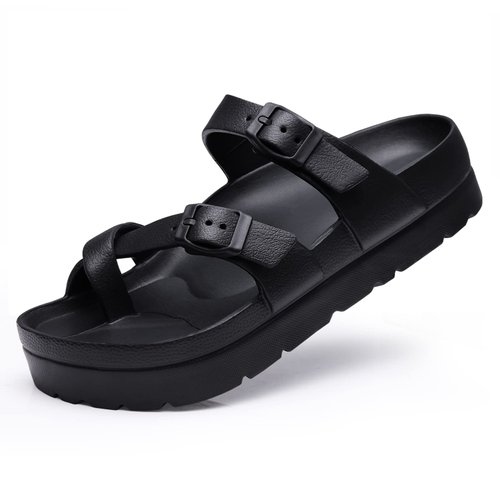 Goosecret Women's Platform Sandals with Arch Support Comfortable Foam Slides Lightweight Thick Soles | Adjustable Buckle | Ultra Cushion Black, 8-8.5