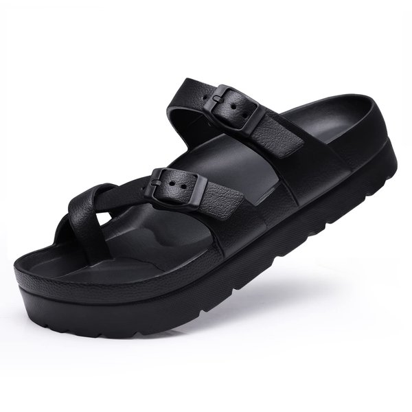 Goosecret Women's Platform Sandals with Arch Support Comfortable Foam Slides Lightweight Thick Soles | Adjustable Buckle | Ultra Cushion Black, 8-8.5