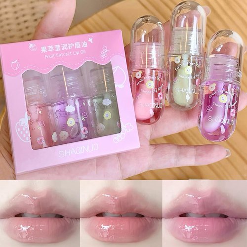 3 Pcs Hydrating Lip Oil Set, Cute Fruit-Flavored Plumping Lip Oil, Long Lasting Lip Glow Balm Lip Care, Transparent Moisturizing Lip Gloss for Kids and Teens, Kid Friendly, Party Gift(A)