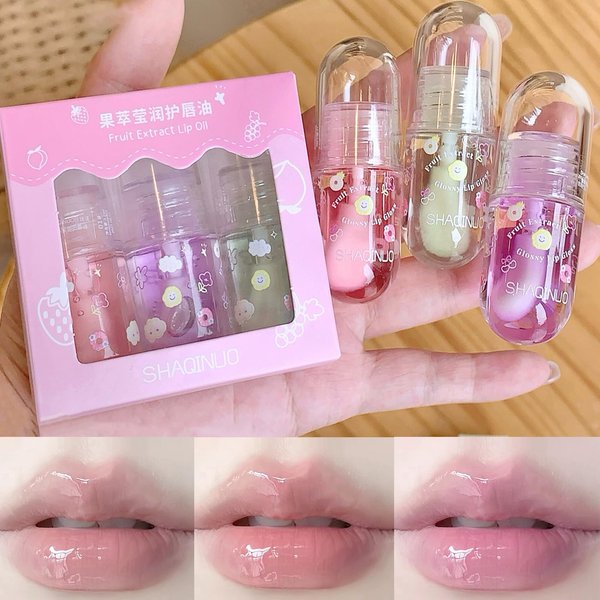 3 Pcs Hydrating Lip Oil Set, Cute Fruit-Flavored Plumping Lip Oil, Long Lasting Lip Glow Balm Lip Care, Transparent Moisturizing Lip Gloss for Kids and Teens, Kid Friendly, Party Gift(A)