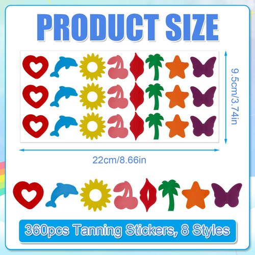 360pcs Tanning Sunbathing Stickers, 15 Sheets Self-Adhesive Indoor Tanning Stickers 8 Styles Heart, Dolphin, Cherry Shaped Colorful Tanning Bed Stickers for Body Summer Beach Outdoor