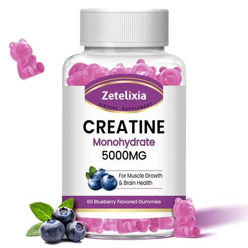 Zetelixia Creatine Monohydrate Gummies 5g for Men & Women, Chewables Creatine Monohydrate for Muscle Strength & Muscle Builder, Vitamin B12 for Energy Support, Non-GMO, Blueberry Flavor, 60 Count
