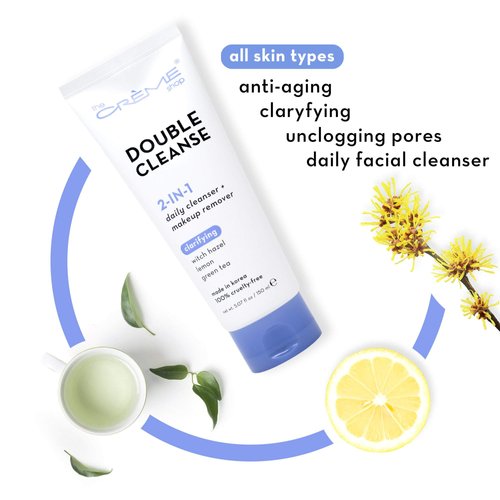 - Face Wash Double Cleanse By The Crème Shop 2 in 1 Facial Foam Cleanser | Witch Hazel + Lemon + Green Tea Daily Cleanser & Makeup Remover.
