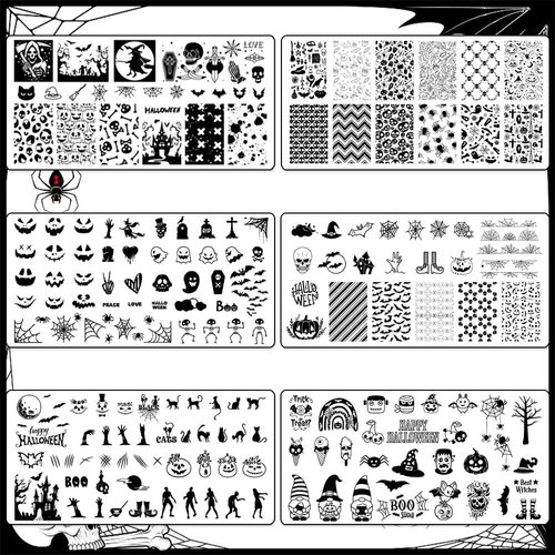 Hying 6pcs Halloween Nail Art Stamping Plates for Women Nail Art, Stainless Steel Jack-o'-Lantern Skull Nail Plates Template Set for DIY Halloween Decoration Spooky Spiderweb Stamp Templates Kit