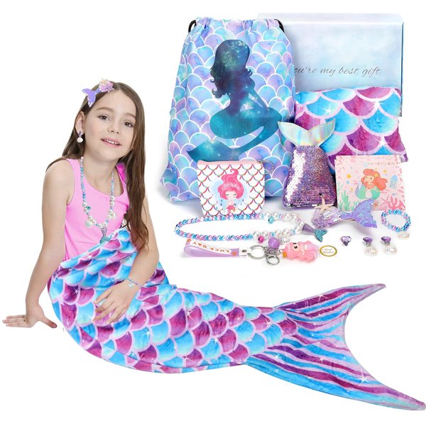 Mermaid Gifts Birthday Gifts for Girls 3 4 5 6 7 8 9 10 11 12 Years Old, Little Mermaid Tail Blanket Mermaid toys Jewelry Makeup Set, Christmas Gifts for Teen Girls