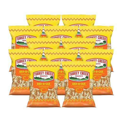 Turkey Creek - America’s Best Fried Pork Skins, offers a 12-Bag Straight Pack of its Bar-B-Q Pork Rinds. These Pork Skin Chips(Chicharrones) are packed with Bar-B-Q 12 - 2.0 oz bags.