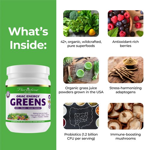 Paradise, ORAC Energy Greens Powder Extract, Super Antioxidants, Probiotics for Gut Health & Digestion, Vitamin C for Immunity, with Spirulina & Chlorella, Non-GMO, Gluten Free, 60 Servings
