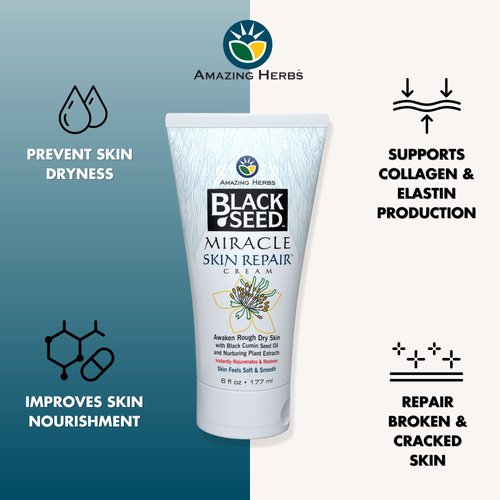 Amazing Herbs Black Seed Miracle Skin Repair Cream - Non-Allergenic Formula, Black Cumin Seed Oil, Vitamin E, and Other Essential Oils Support Collagen & Elastin Production - 6 Fl Oz