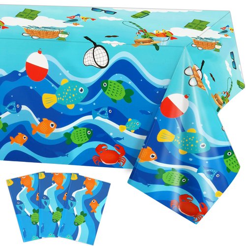 3 Pack Gone Fishing Tablecloths for Ofishally One Birthday Decorations, Disposable Plastic Rectangle Little Fisherman Table Cover for Summer Beach Pool Fishing Themed Birthday Party Supplies 51"x87"