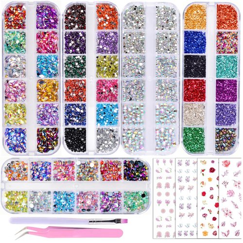 editTime 5 Boxes Shiny Colorful Nail Art Rhinestones Kit 3D Flatback Horse Eye Rhinestones Irregular Nail Stone and 4 Sheets Flower Nail Stickers with a Curved Tweezers and a Nail Brush (multicolor)