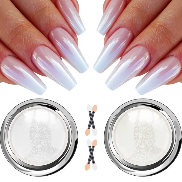 White Pearl Chrome Nail Powder - Aurora Ice Shimmer Nail Powder Chrome Pigment Powder for Nails, Gifts for Women Mirror Effect Glitters Nail Art Powder for DIY Salon
