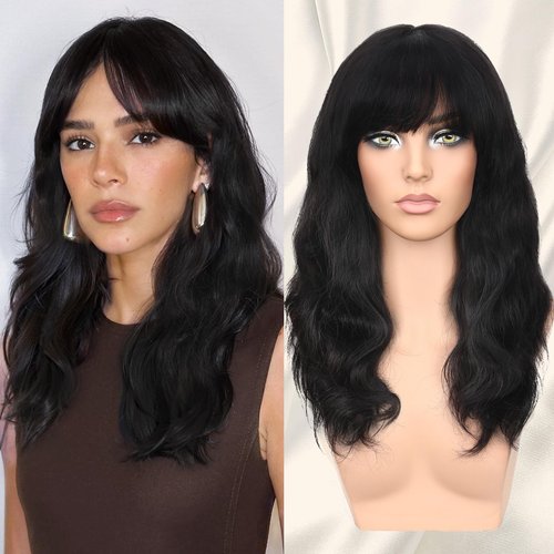 FAVE 16 Inches Human Hair Wig with Bangs Natural Wave Wigs Human Hair Pre Plucked Pre Cut Black W...
