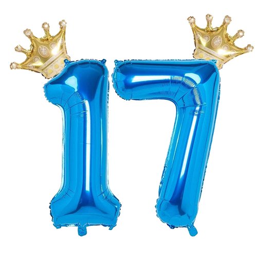 17 Number Balloon Blue 40 inch Big Foil Crown Helium 17th Balloons for 17 Year Old Boy Girl Birth...