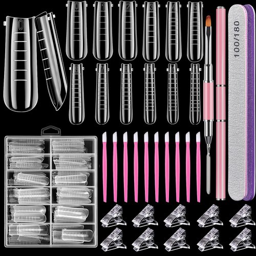 Dual Nail Forms Set,TsMADDTs Clear Acrylic Coffin Nail Forms Set with 120pcs Gel Nail Molds 10pcs Clear Nail Tips Clips,Nail Gel Brush Pen Nail Files Buffer Cuticle Pushers,Nail Extension Forms Set