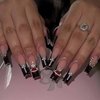 MISUD Press on Nails Long Coffin Fake Nails with Punk Designs Black French Tip Acrylic Nails Ballerina Goth Artificial Nails Glossy Glue on Nails Cross Rhinestone Stick on False Nails 24 pcs