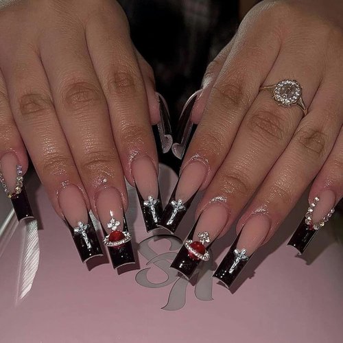 MISUD Press on Nails Long Coffin Fake Nails with Punk Designs Black French Tip Acrylic Nails Ballerina Goth Artificial Nails Glossy Glue on Nails Cross Rhinestone Stick on False Nails 24 pcs