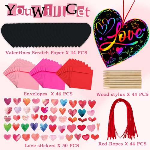 JMUQ 44Pack Valentine's Day Scratch Art Set for Kids, Heart-Shaped Rainbow Scratch Cards, Envelopes, Heart Stickers, Perfect Craft Kit for Classroom School Exchange Prizes Party Favors Creative Gifts
