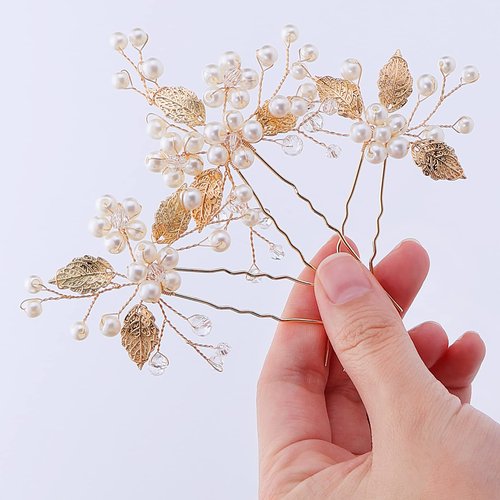 Lusofie 3Pcs Peal Bridal Hair Pins, Flower Wedding Hair Pins Hair Pieces Wedding Hair Accessories for Women Girls(Gold)