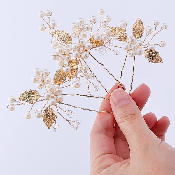 Lusofie 3Pcs Peal Bridal Hair Pins, Flower Wedding Hair Pins Hair Pieces Wedding Hair Accessories for Women Girls(Gold)