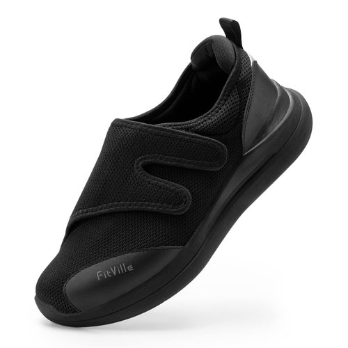 FitVille Diabetic Shoes for Men Extra Wide Width Orthopedic Slip-on Shoes Adjustable Closure Walking Sneakers with Arch Support Cushioning Therapeutic for Swollen Feet (9 X-Wide, Black)