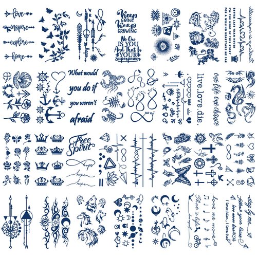 30 Sheets Semi-Permanent Tattoos for Women Girls Kids Realistic Waterproof Temporary Tattoos Crown Floral Rose Dark Blue Fake Tattoos, Lasting 1-2weeks Tiny Tattoo Stickers