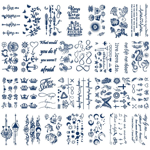 30 Sheets Semi-Permanent Tattoos for Women Girls Kids Realistic Waterproof Temporary Tattoos Crown Floral Rose Dark Blue Fake Tattoos, Lasting 1-2weeks Tiny Tattoo Stickers