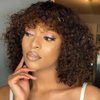 Rebecca Fashion Highlight Curly Bob Human Hair Wig with Bangs 10 Inch Short Curly Water Wave Bob Wig Human Hair Wigs for Black Women Glueless Wig 100% Brazilian Remy Hair Black Mixed Brown Color