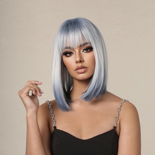 BERON Blue White Ombre Short Wigs Straight Bob Ombre Color Hair Wig for Women Wigs with Bangs Synthetic Daily Use Wigs Wig Cap Include