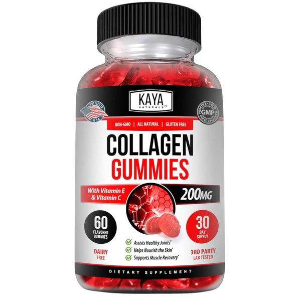 Kaya Naturals Collagen Gummies for Men & Women Supplement | Nature Made Gummies - 1000mg of Hydrolyzed Collagen, Vitamin C, Selenium & Biotin, Strawberry Flavor - 60 Count Gummies