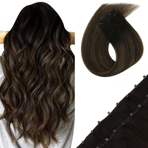 Sunny Hair Beaded Weft Hair Extensions Human Hair 50G Micro Bead Hair Extensions Real Human Hair Vigorous Straight Weft Hair Extensions with Micro Beads Darkest Brown with Medium Brown 20 inch