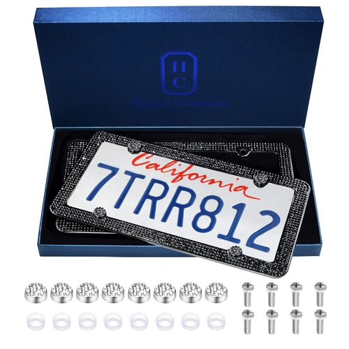 HC Luxury Handcrafted Bling Black Rhinestone Premium 4-Hole Stainless Steel 2 Pack License Plate Frame with Gift Box | 1000+ pcs Finest 14 Facets SS20 Black Rhinestone Crystal | Anti-Theft Screw Cap