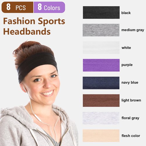 VUKOKU Headbands for Women, 8 PCS Elastic Head Bands for Women's Hair, Premium Workout Headbands for Women Non Slip, Fashion Stretchy Soft Cotton Cloth Fabric Sports Sweat Band for Yoga Running
