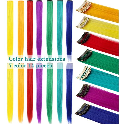 LSKJMO14PCS 22 inch Rainbow Wig Pieces Party Highlights Clip in Colored Hair Extensions Multicolors Straight Synthetic Hairpieces for Women Girls(Colorful Set)
