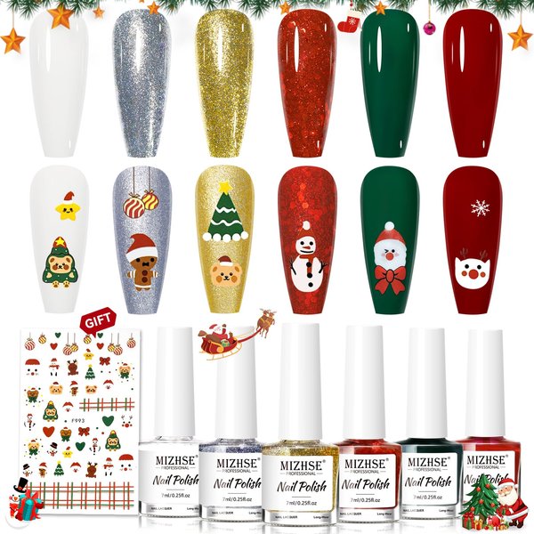MIZHSE Christmas Nail Polish Set, 6 Colors Red Green Yellow White Sliver Sparkle Polish Set Quick Dry Nail Polish Set with Xmas Sticker, Fall Winter Manicure Gift for Women