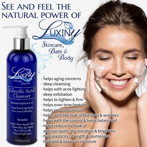 Luxiny Glycolic Acid Face Wash Exfoliating Cleanser & Pore Minimizer for Women/Men, 8 oz Vegan Natural 10% AHA Facial & Acne Body Wash
