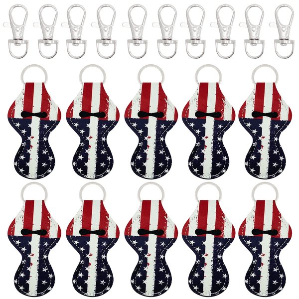 allydrew 10 Pack Chapstick Holder Keychain, Keyring for Lip Balm Lip Gloss Lipstick with 10 Pieces Metal Keyring Clasps, Patriotic Flag