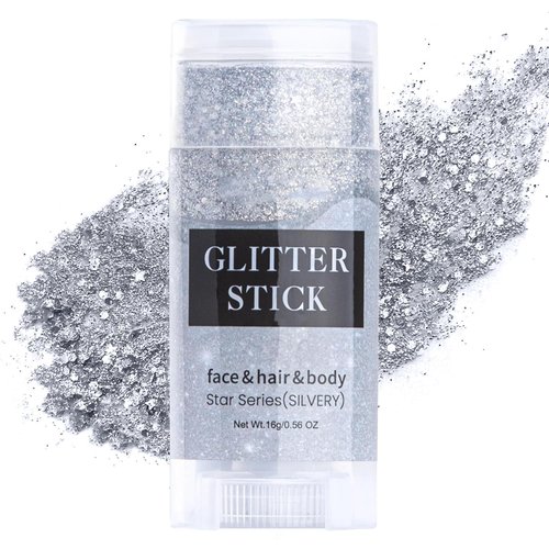 LemonSac Siliver Body Glitter Stick, Singer Concerts Glitter Gel, Holographic Mermaid Sequins Chunky Glitter, Music Festival Rave Glitter Makeup for Body, Face, Hair and Lip, 0.56oz (04# Siliver)