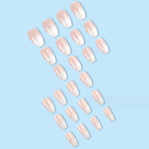Hkanlre Bling Coffin Press on Nails Fake Nails Tips Full Cover Medium False Gradient Nails for Women and Girls 24PCS (Nude gradient coffin)