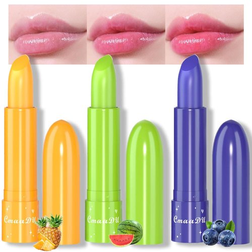 evpct 3Pcs Watermelon Blueberry Pineapple Tinted Lip Balms PH Lip Color Changing Lipstick Stain Set Queen for Women Girls Korean Mood Long Lasting Color Change Light Pink Lipstick Lip Tint Gloss