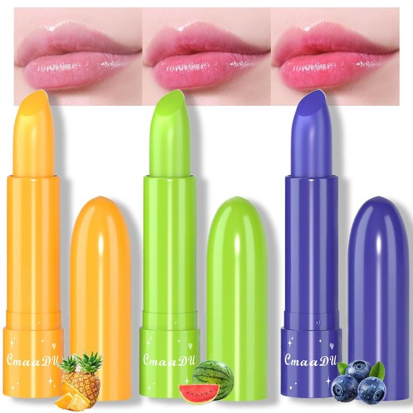 evpct 3Pcs Watermelon Blueberry Pineapple Tinted Lip Balms PH Lip Color Changing Lipstick Stain Set Queen for Women Girls Korean Mood Long Lasting Color Change Light Pink Lipstick Lip Tint Gloss