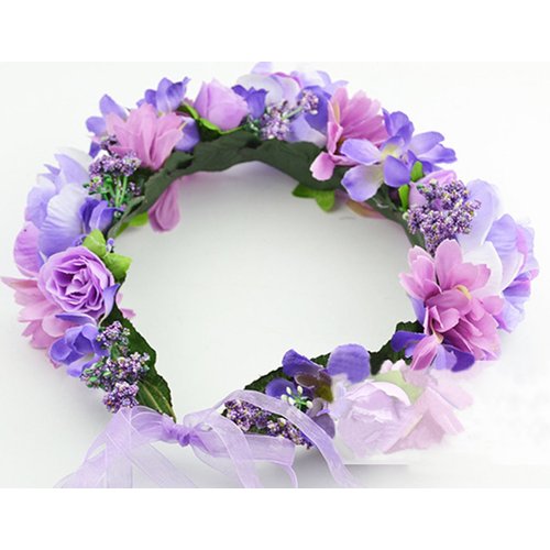Vivivalue Rose Flower Crown Boho Flower Headband Hair Wreath Floral Headpiece Halo with Ribbon Wedding Party Festival Photos Purple