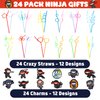 24 Ninja Drinking Crazy Straws for Kids | Ninja Themed Warrior Birthday Party Supplies Favors Decorations with 24 PVC Charm, 2 Cleaning Brushes Reusable Straw